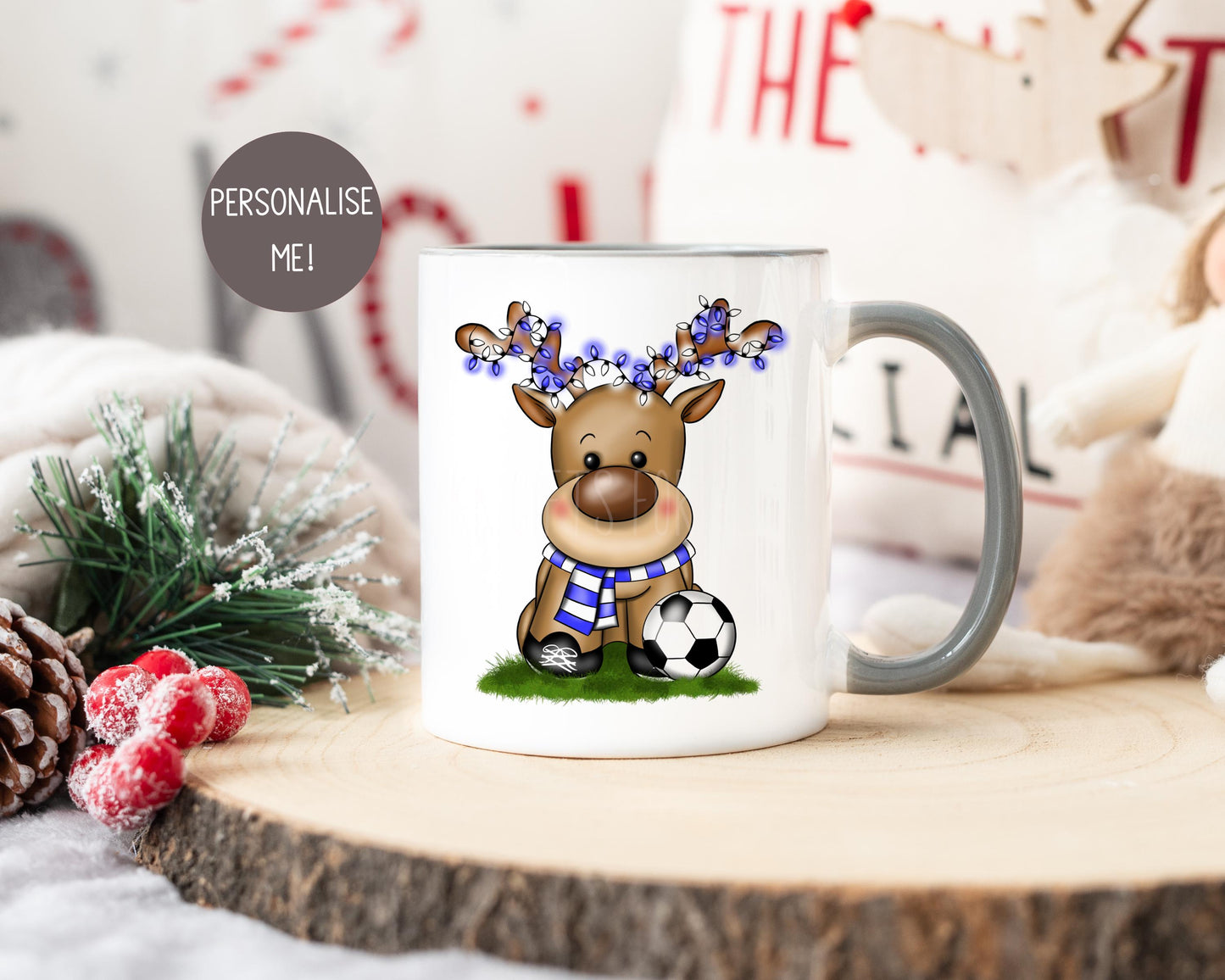 Christmas Reindeer Mug For Football Lover, Personalised Child's Christmas Mug