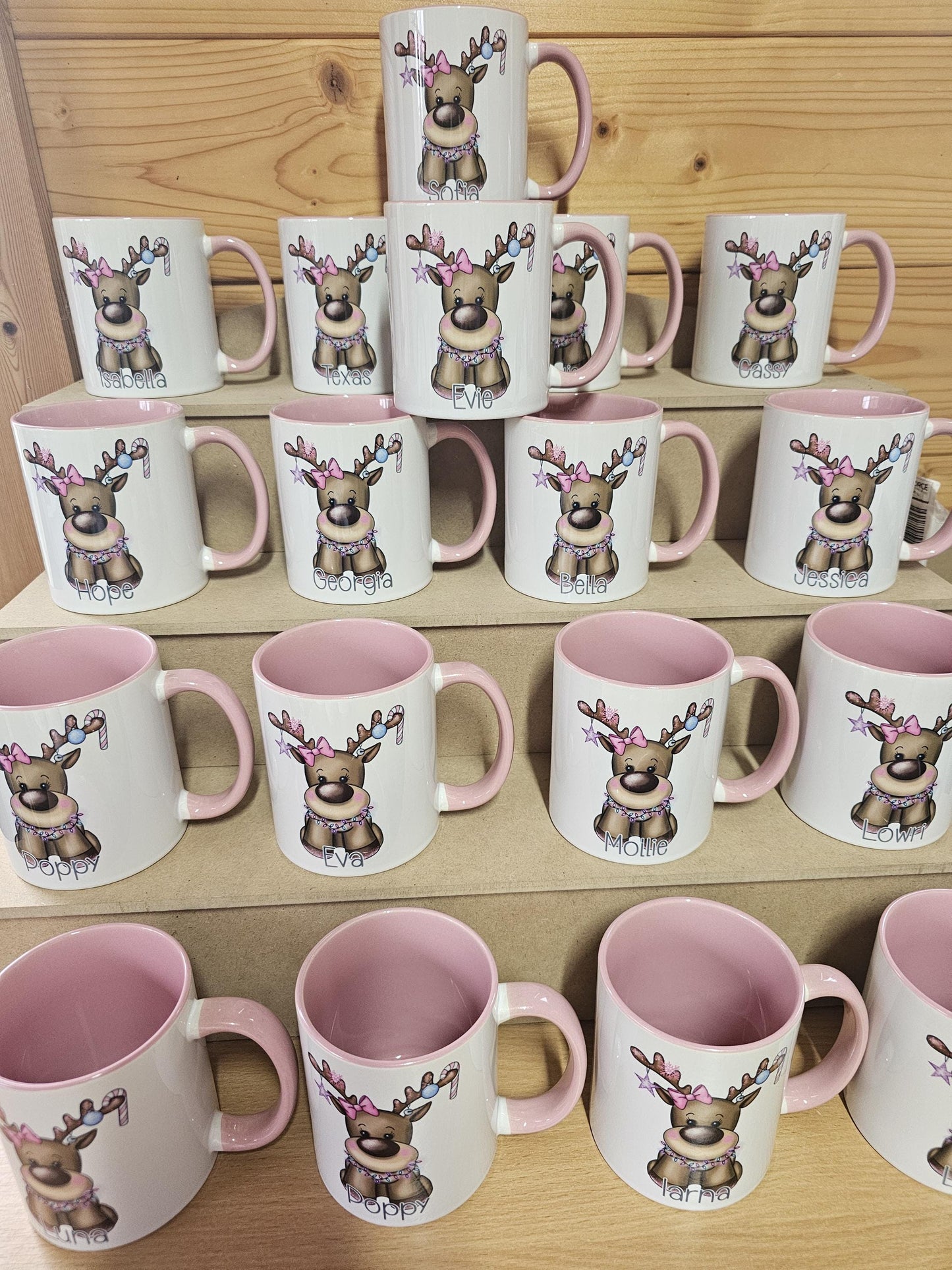 Personalised Pink Christmas Mug, Xmas Reindeer Mug, Girls Christmas Cocoa Mug