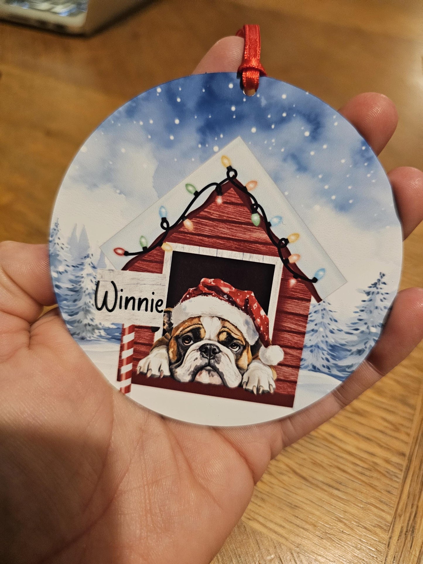 Personalised Christmas Bulldog Tree Decoration, Bulldog Metal Christmas Hanging Ornament