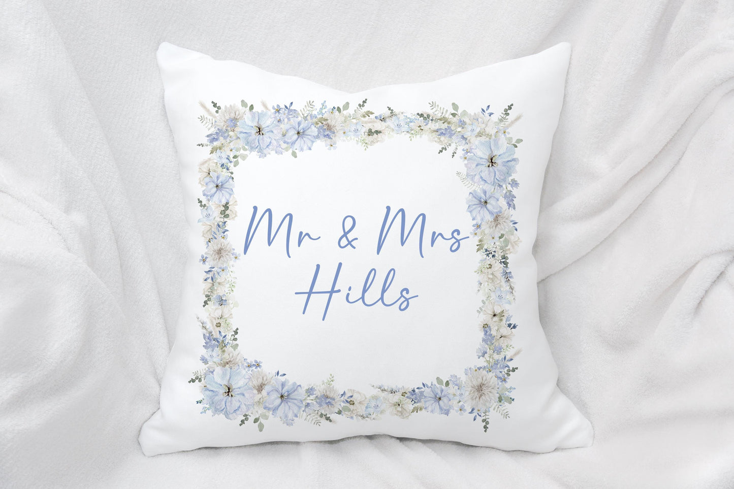 Blue Floral Frame Cushion, Light Blue Home Decor Pillow, Gift For New Home, Couple Wedding Gift