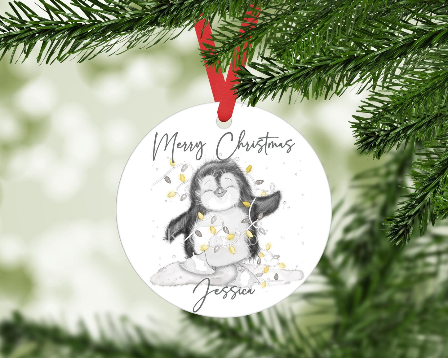 Penguin Christmas Ornament – Personalised Round Aluminium Tree Decoration