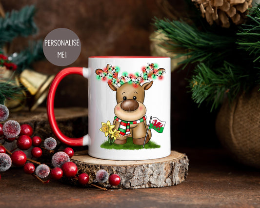 Personalised Christmas Reindeer Mug, Welsh Christmas Mug, Gift From Wales For Christmas