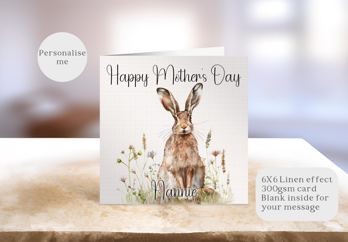 Spring Hare Mother's Day Card, Personalised Mother's Day Card, Card For Mum Granny Nan Who Love Wildlife