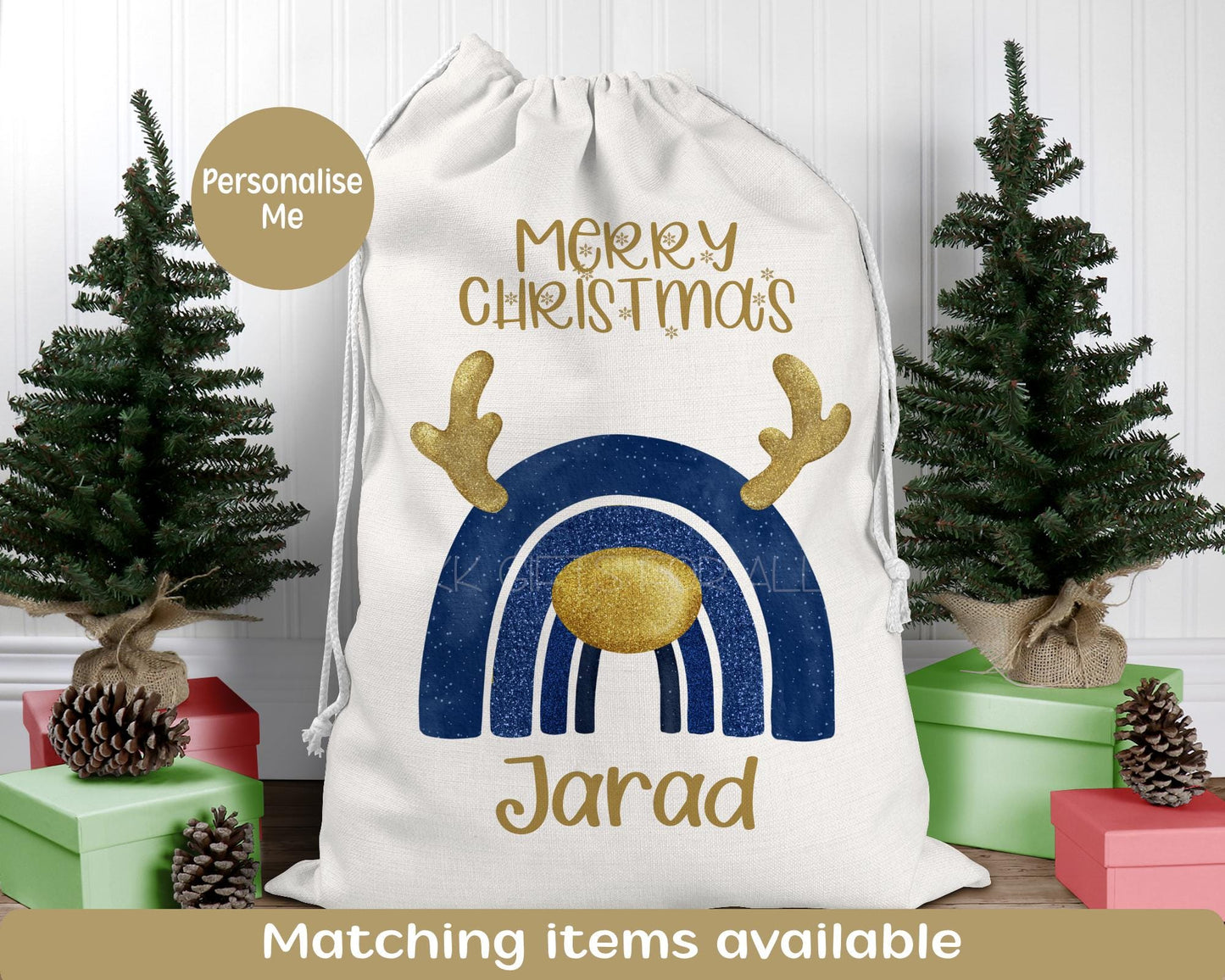 Personalized Santa Sack: Navy Blue Christmas Rainbow Linen Gift Bag
