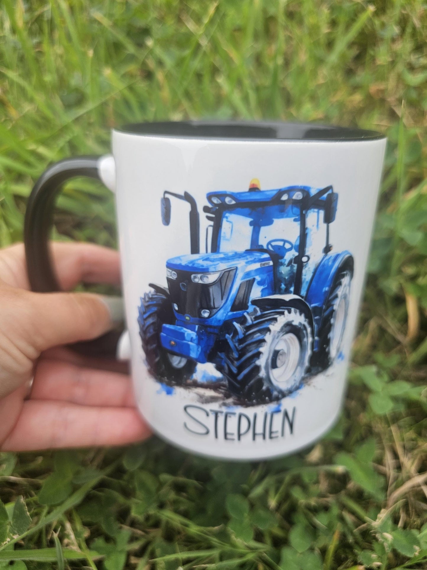 Personalised Blue Tractor Mug & Coaster Set: Farmer Gift, Black Handle