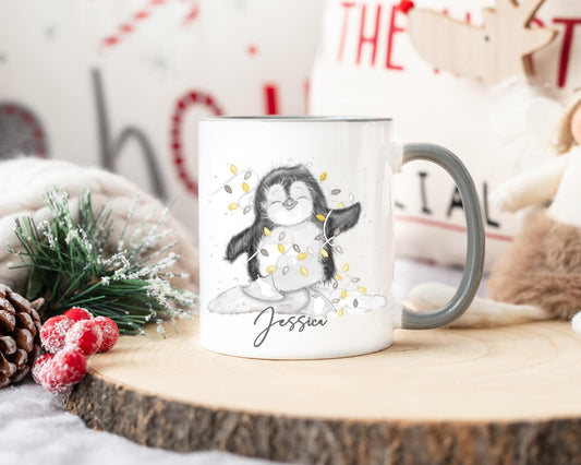 Personalised Christmas Penguin Mug, Sketch Penguin With Xmas Lights, Christmas Hot Choc Mug
