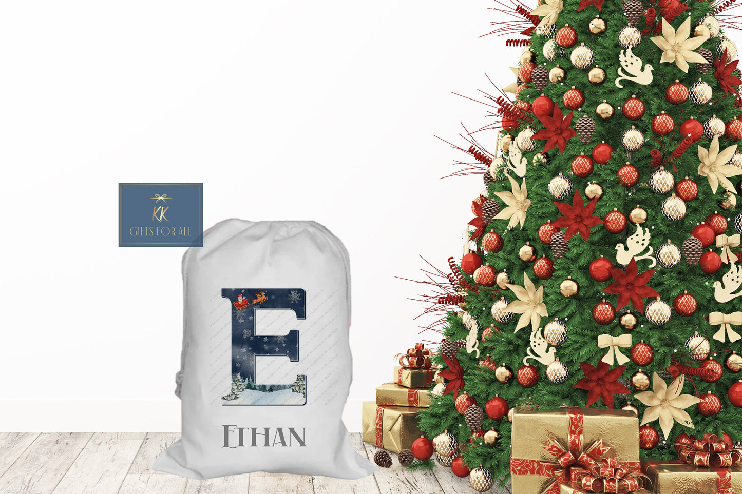 Personalised Christmas Santa Sack Father Christmas Bag, Initial Santa & Reindeer Nightfall Sky, Girl Or Boy