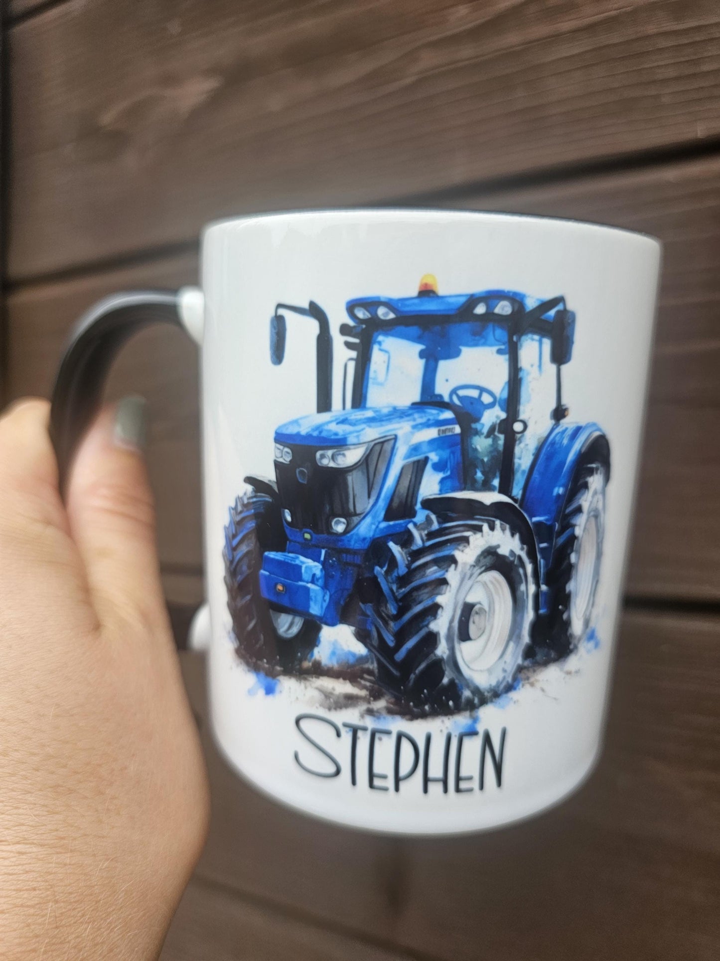 Personalised Blue Tractor Mug & Coaster Set: Farmer Gift, Black Handle