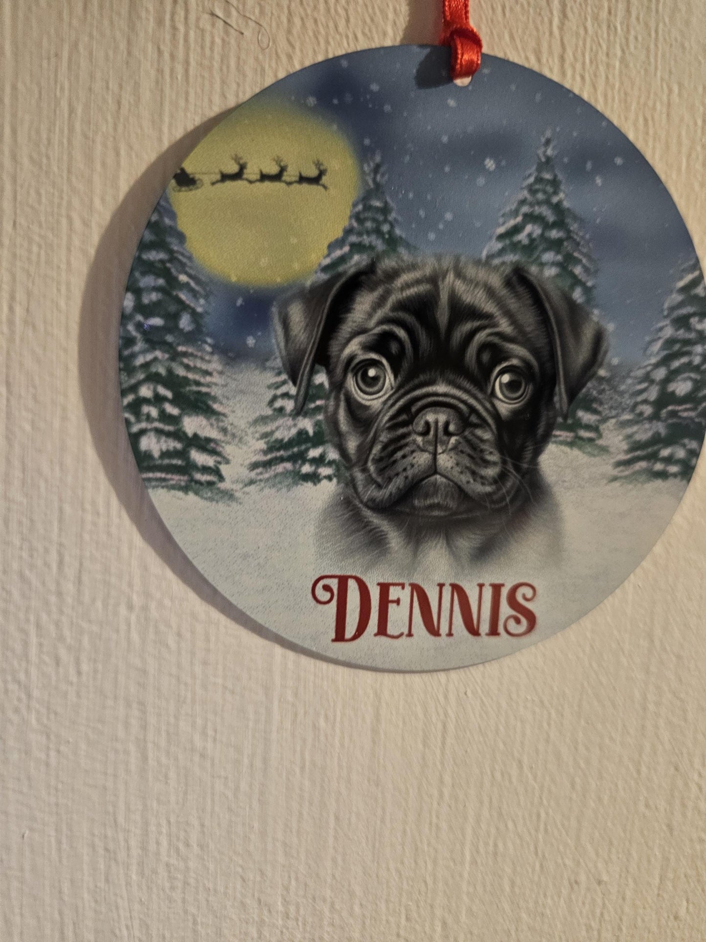 Personalised Christmas Black Pug Tree Decoration, Pug Metal Christmas Hanging Ornament