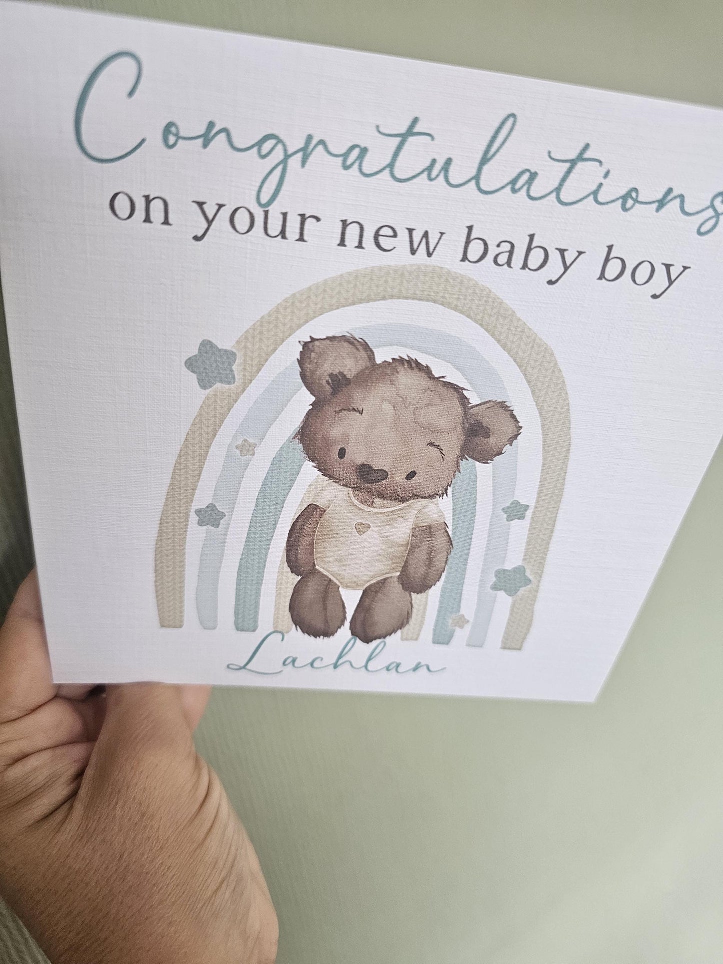 Personalised New Baby Boy Card, Watercolor Teddy Bear & Rainbow Congratulations Card