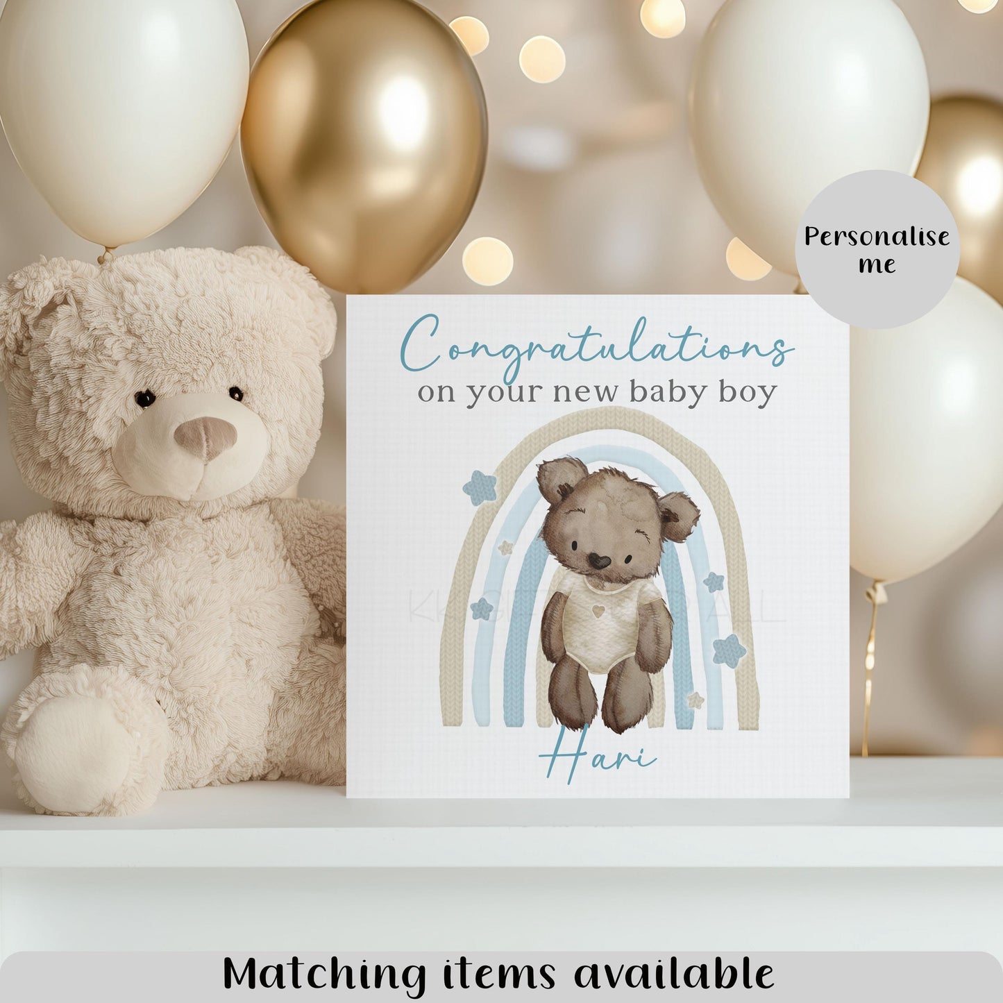 Personalised New Baby Boy Card, Watercolor Teddy Bear & Rainbow Congratulations Card