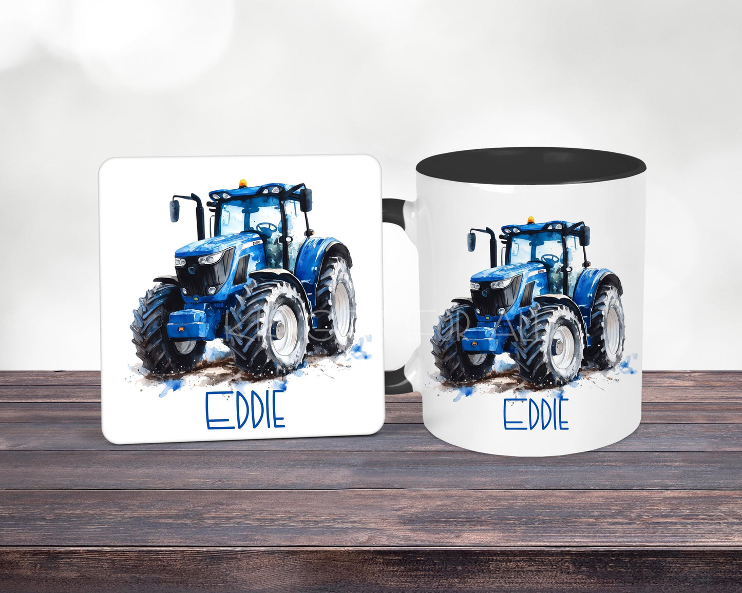 Personalised Blue Tractor Mug & Coaster Set: Farmer Gift, Black Handle