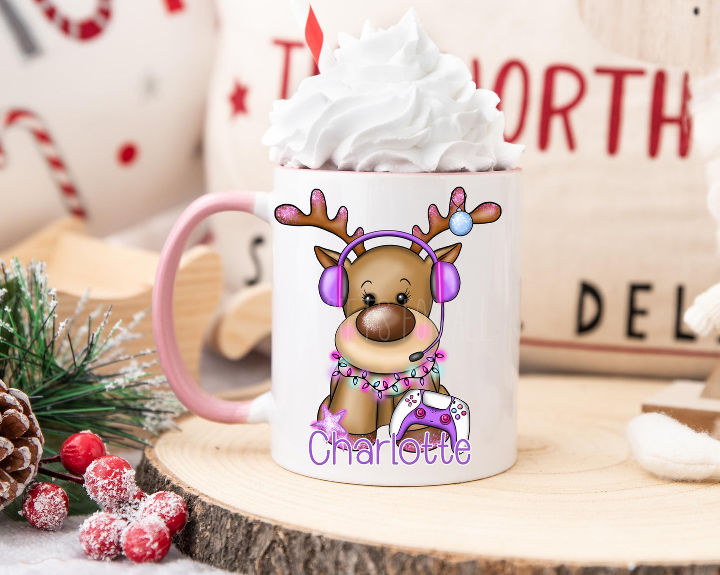 Personalised Children's Christmas Eve Mug, Pink Gaming Christmas Reindeer Mug