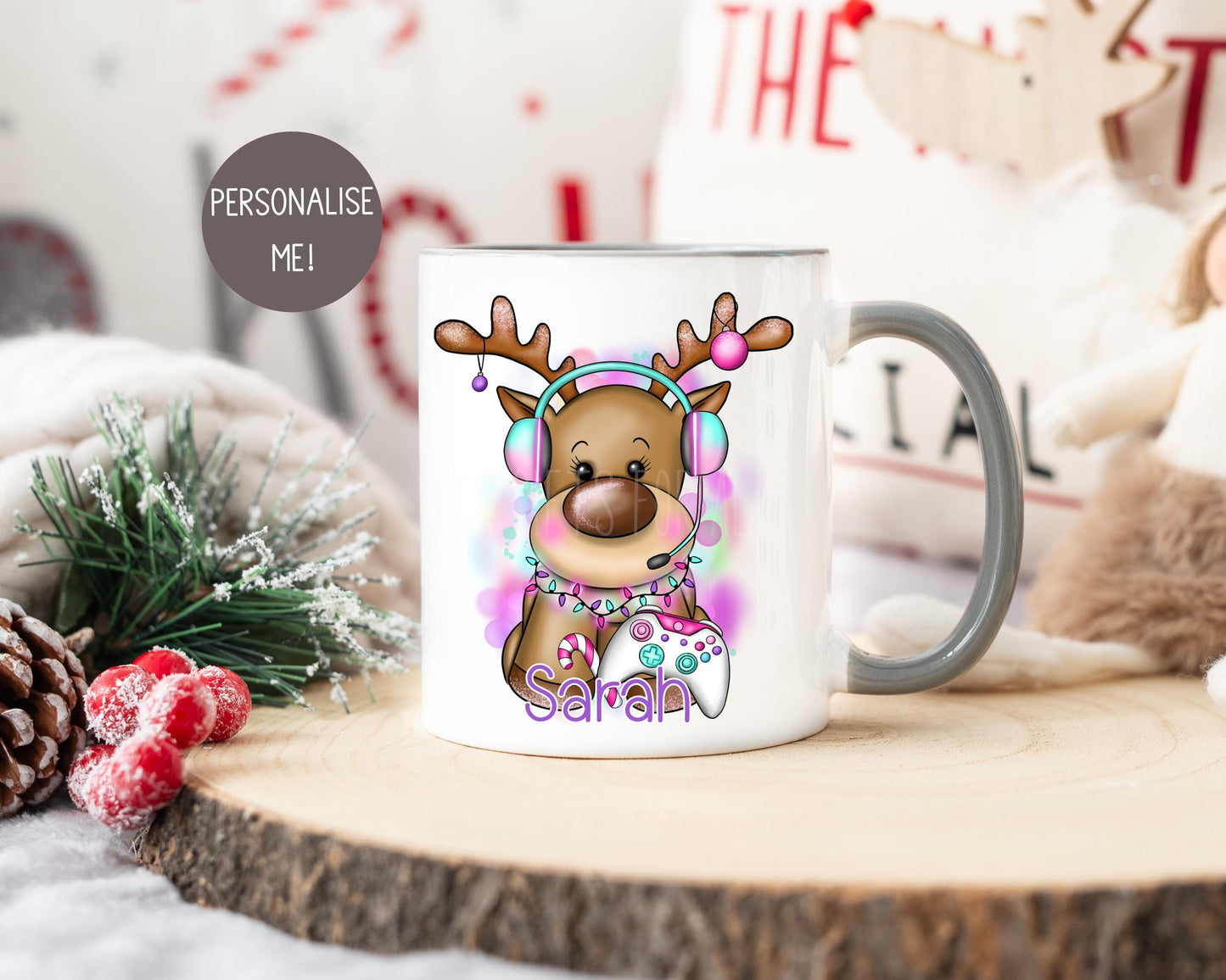Girls Christmas Mug, Personalised Reindeer Mug