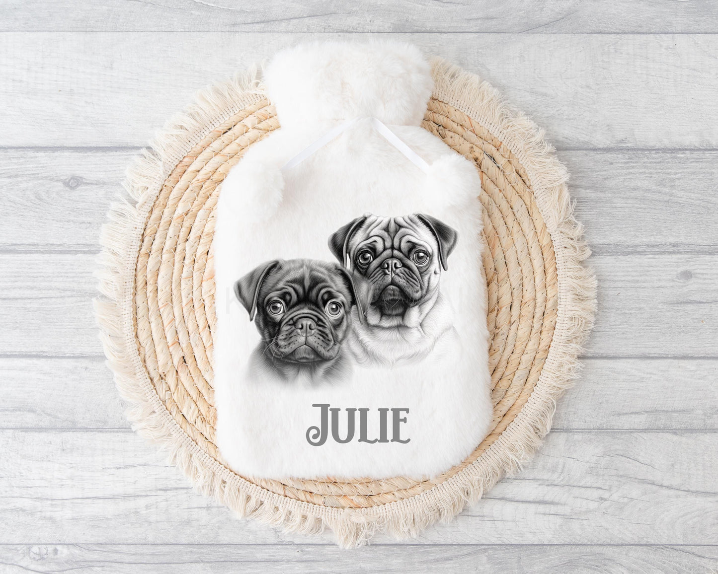 Black & Fawn Pug Hot Water Bottle, Personalised Dog Hot Water Bottle, Black Pug Gifts, Fawn Pug