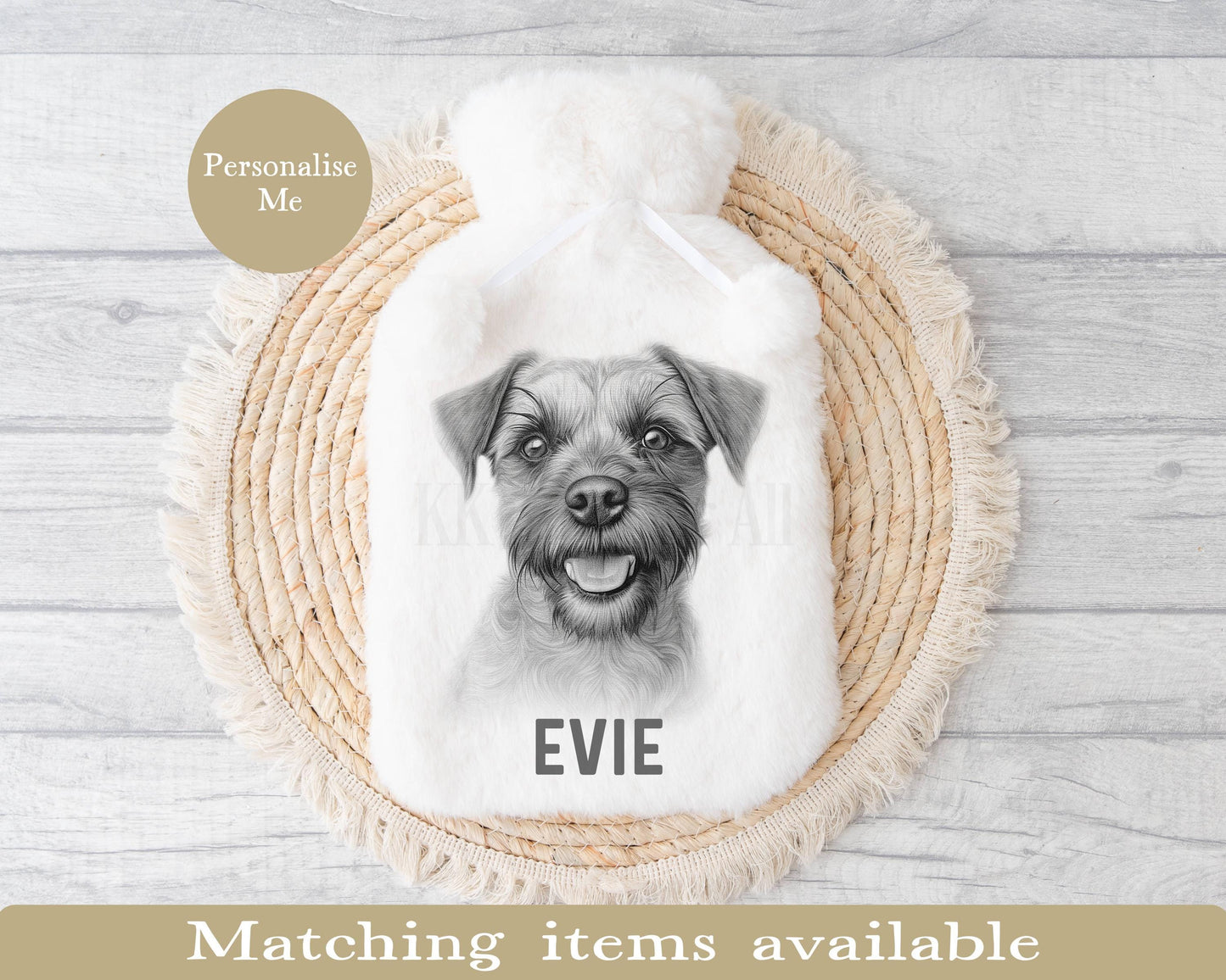 Personalizsed Border Terrier Hot Water Bottle with Pom Poms