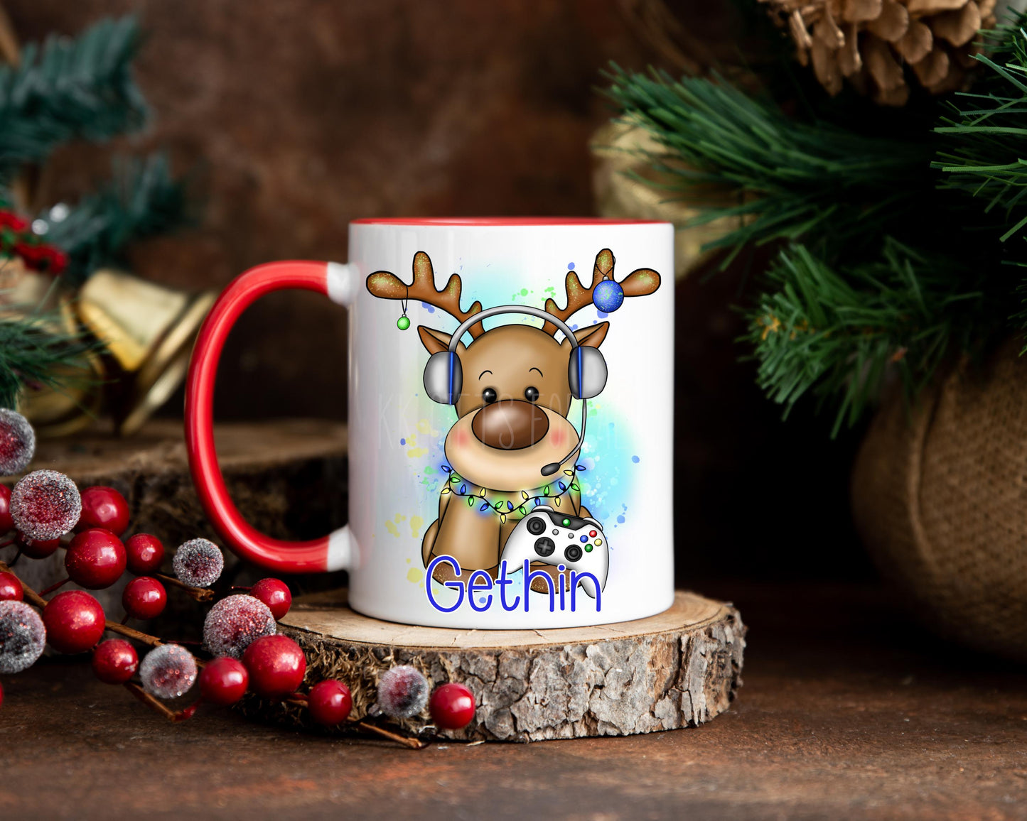 Christmas Gamer Mug, Personalised Reindeer Mug