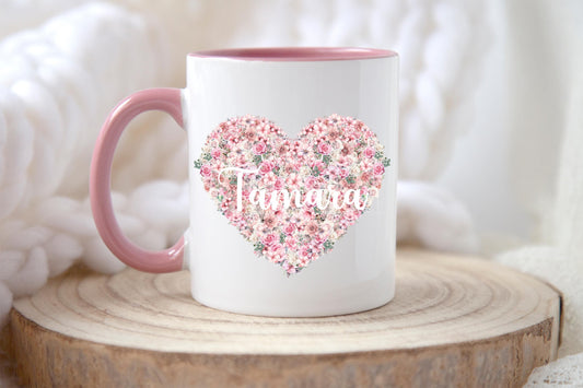 Personalised Floral Heart Mug & Coaster, Gifts For Friend Or Wife Birthday, Floral Mugs