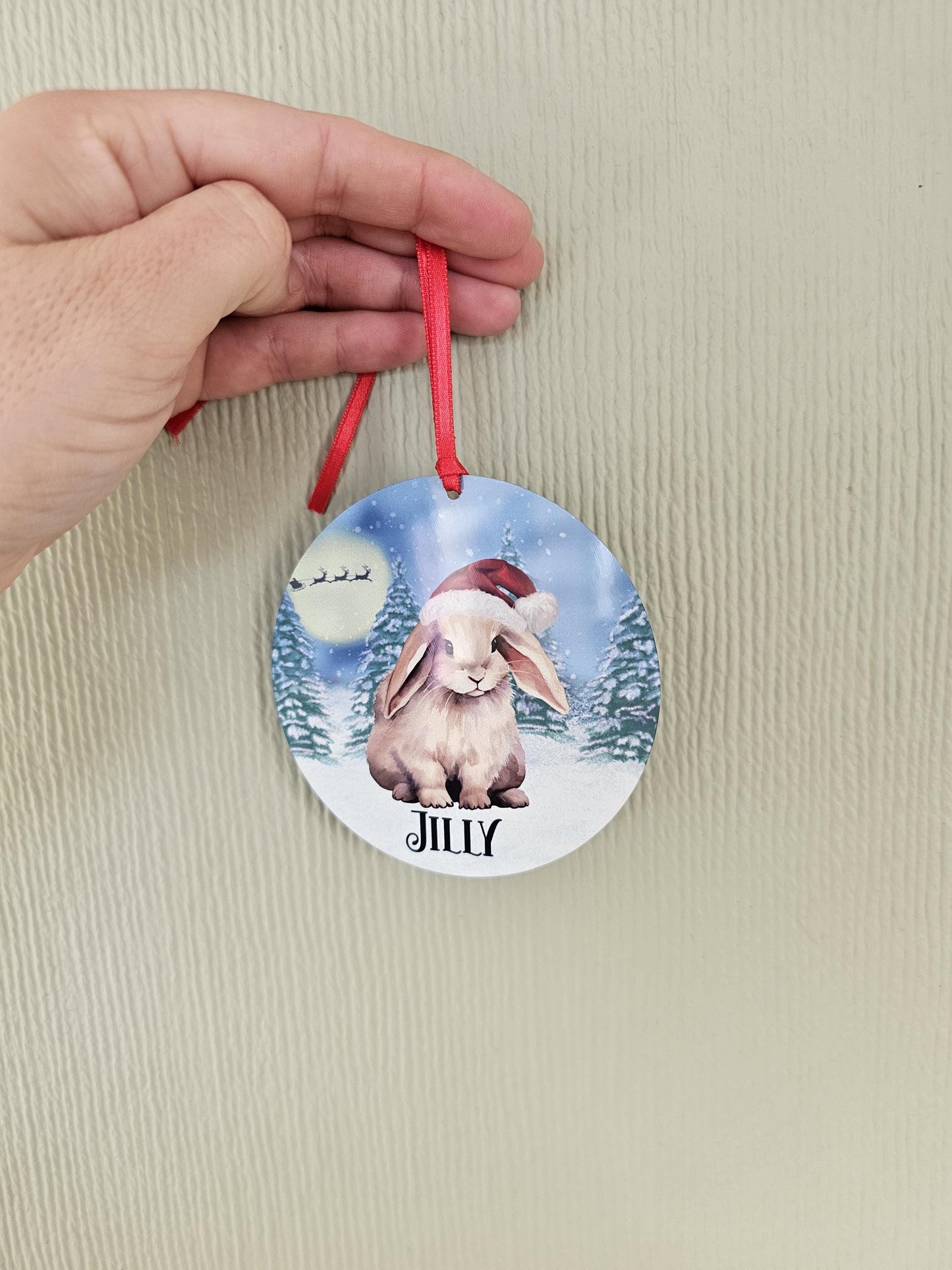 Personalised Christmas Bunny Rabbit Tree Decoration, Rabbit Metal Christmas Hanging Ornament