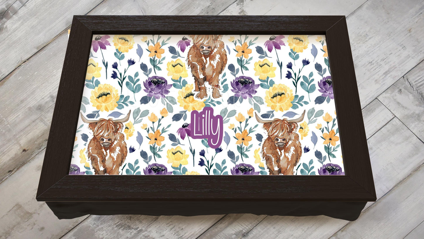 Highland Cow Pattern Lap Tray, Personalised Highland Cow Gifts, Floral Highland Cow Gifts