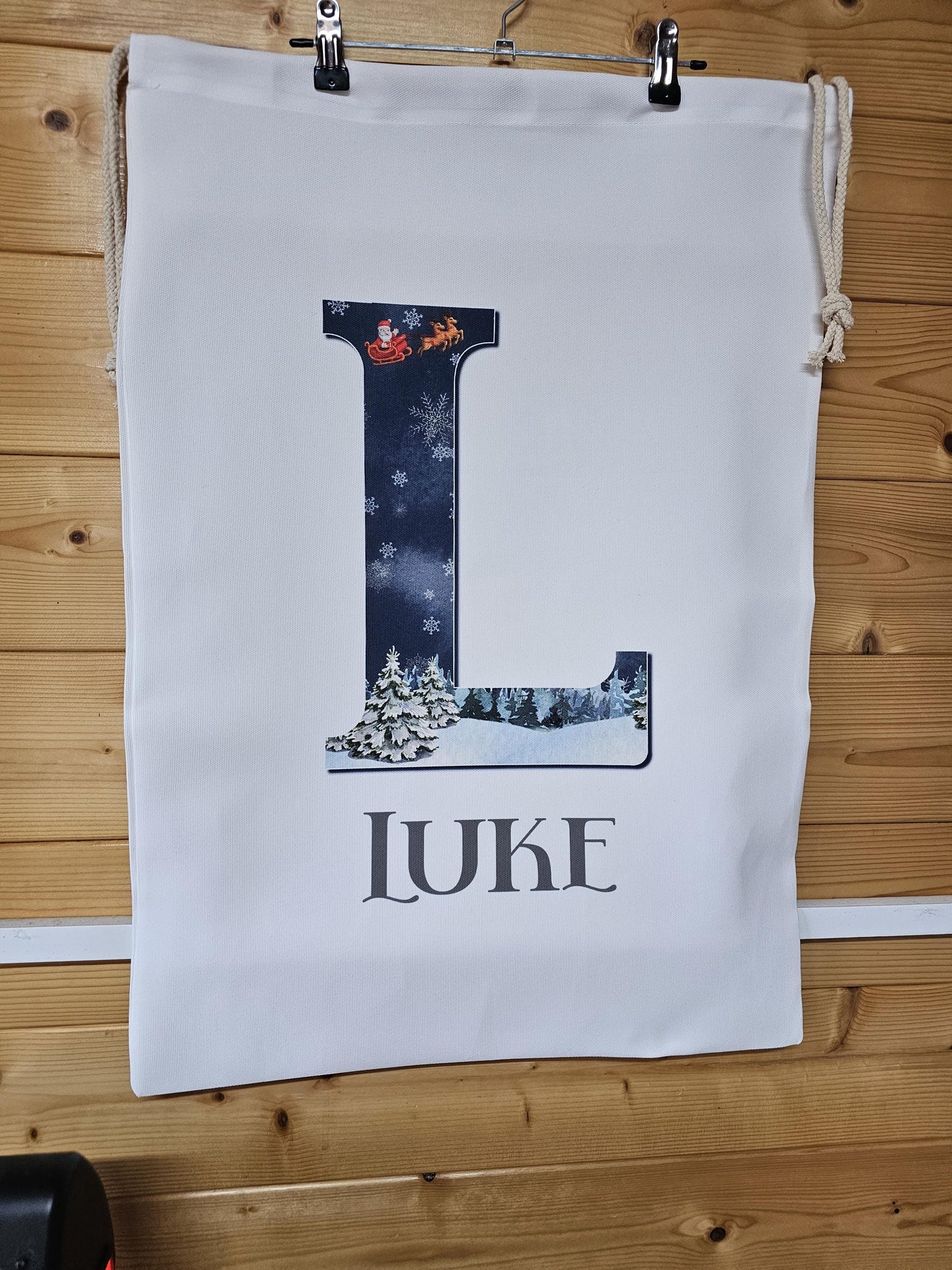 Personalised Christmas Santa Sack Father Christmas Bag, Initial Santa & Reindeer Nightfall Sky, Girl Or Boy