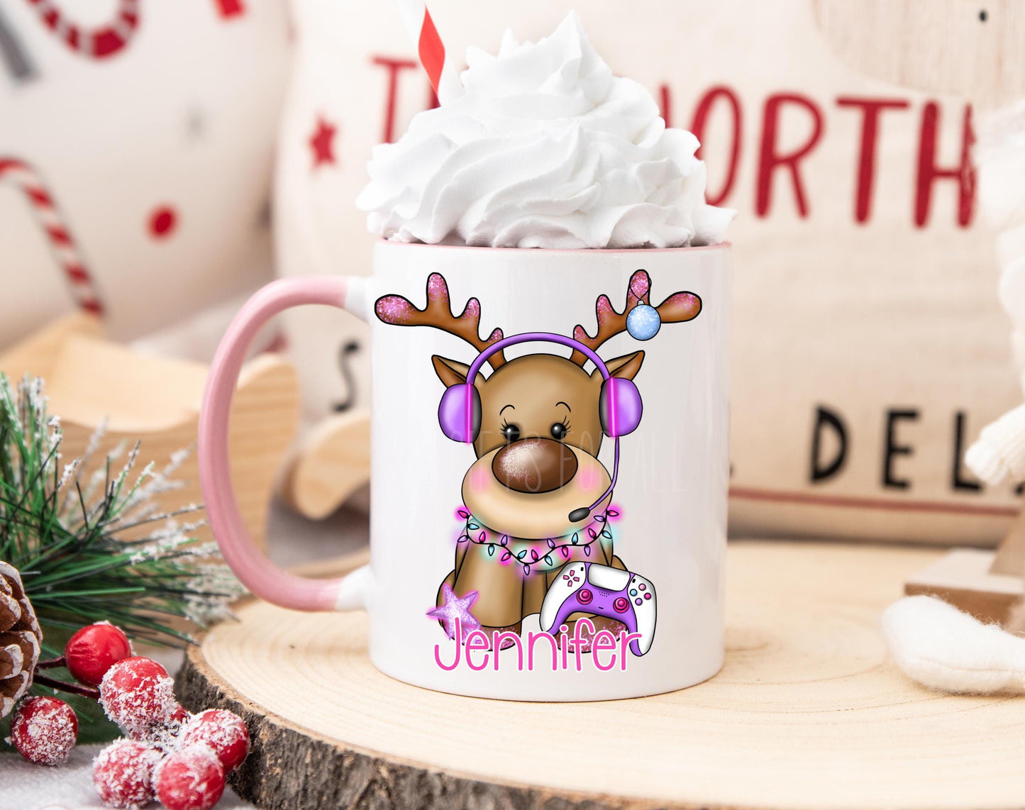 Personalised Children's Christmas Eve Mug, Pink Gaming Christmas Reindeer Mug