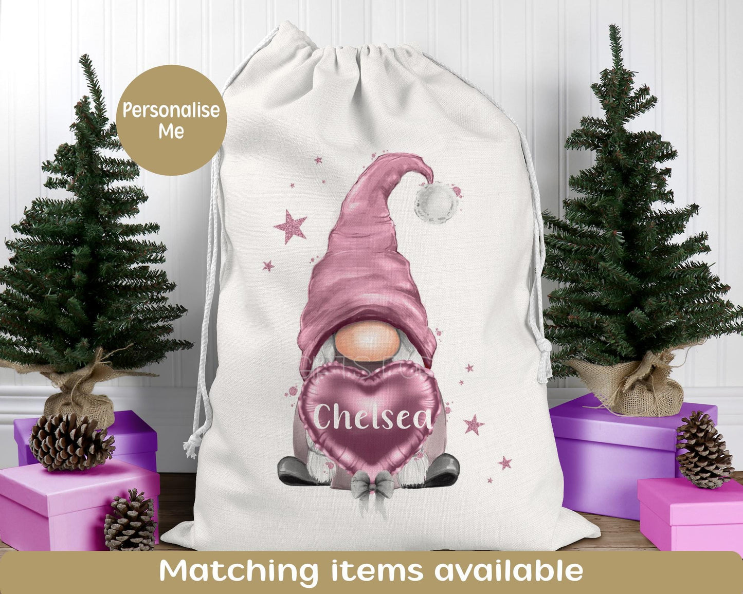 Personalised Pink Gonk Christmas Sack, Watercolor Gnome Santa Sack