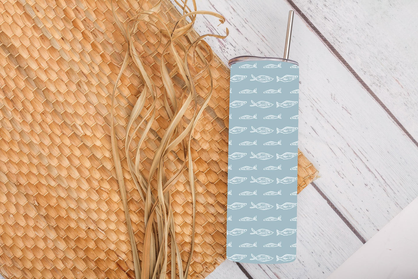 Blue & White Tumbler, Fish Pattern Bottle, Personalised 20oz Tumbler With Box And Aluminium Straw, Sardine Gifts