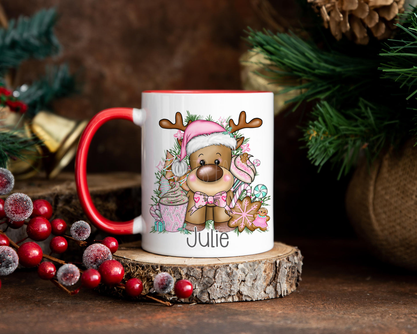 Personalised Christmas Mug, Pink Xmas Reindeer, Christmas Cocoa Mug