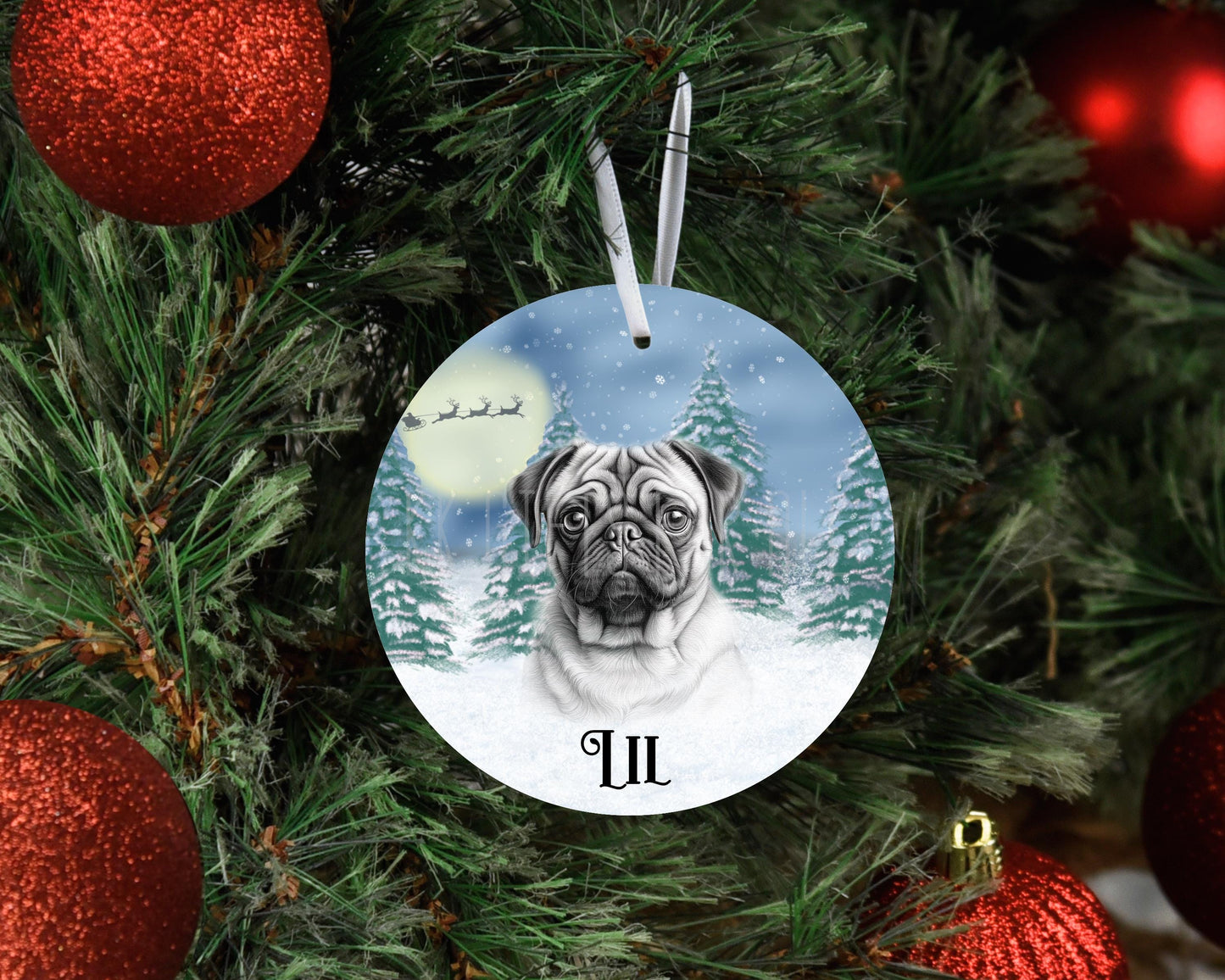 Personalised Christmas Fawn Pug Tree Decoration, Pug Metal Christmas Hanging Ornament