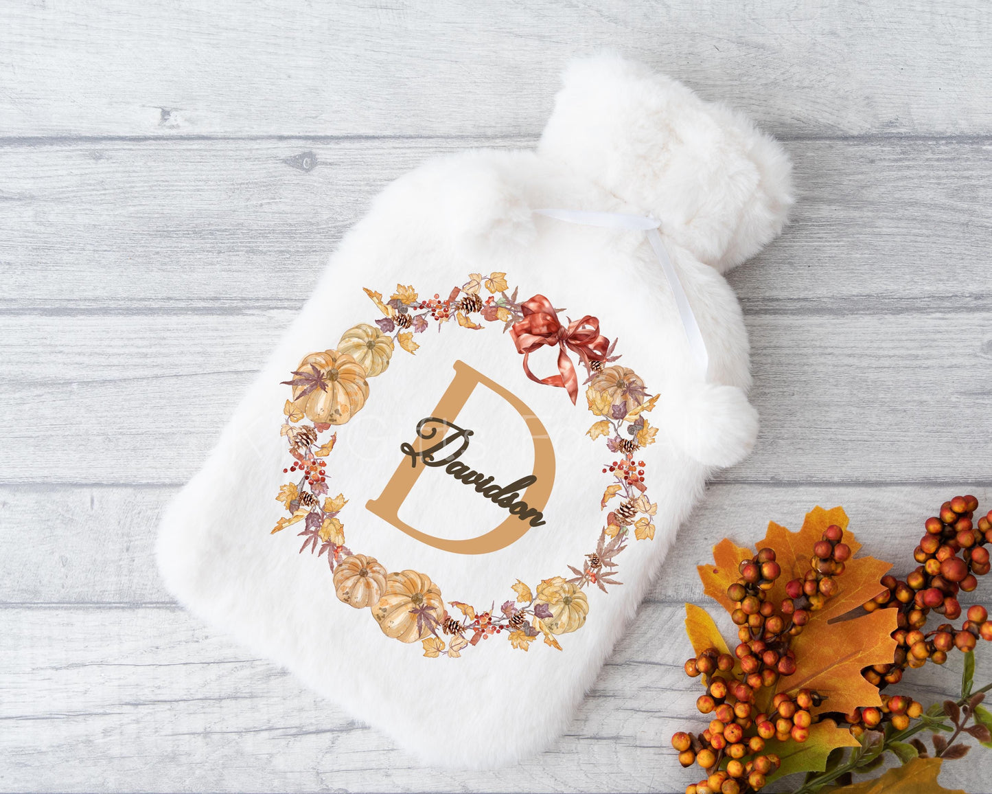 Personalised Hot Water Bottle, Autumn Fall Wreath, Gifts For Mum Nan Grandma