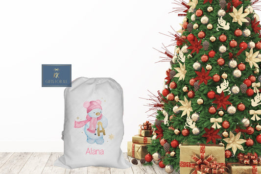 Personalised Christmas Santa Sack Father Christmas Bag, Pink Snowman Snowgirl Initial, Pink Or Gold Name, Large Sack