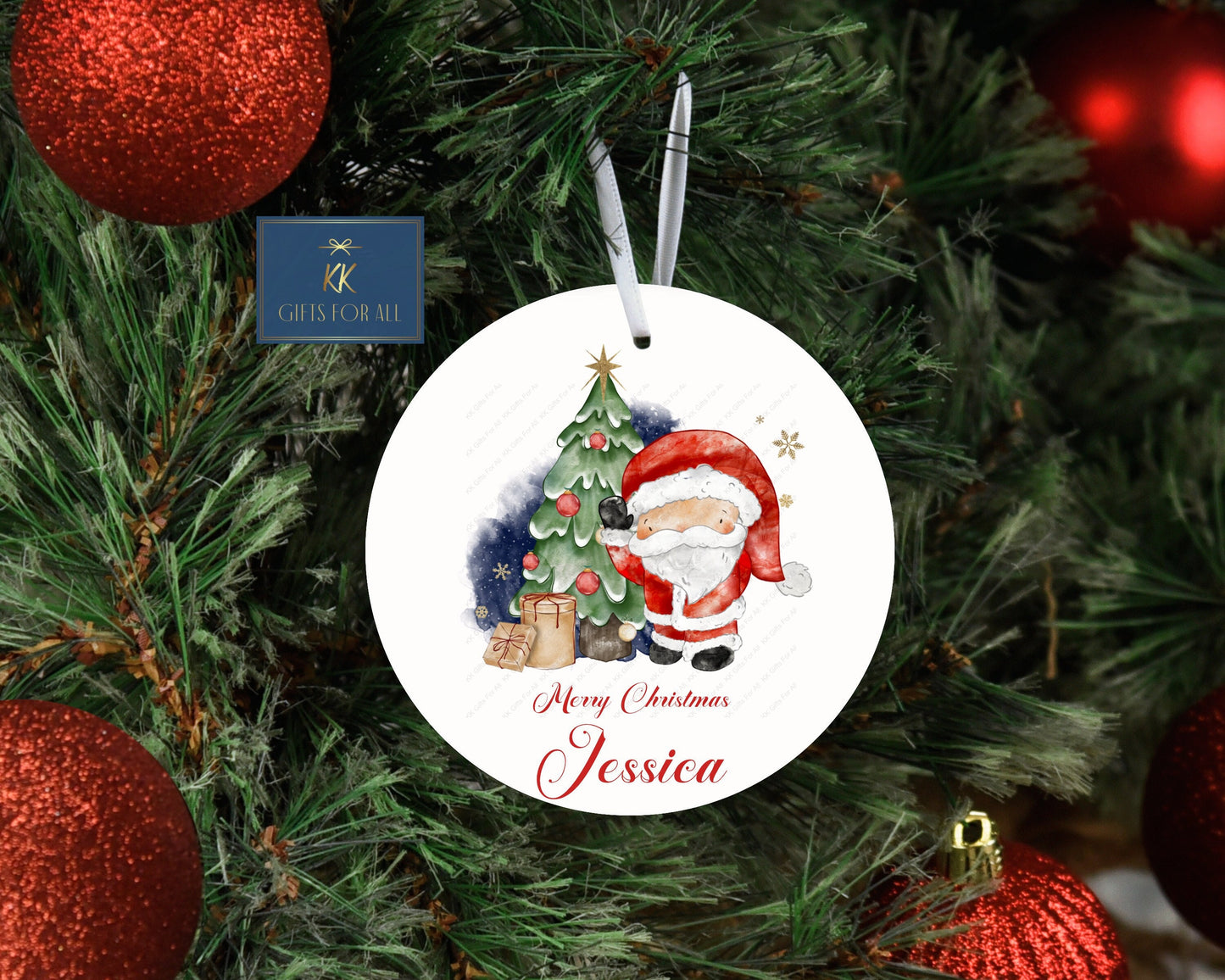 Personalised Metal Christmas Tree Decoration, Christmas Hanging Ornament, Santa With Christmas Tree Decoration