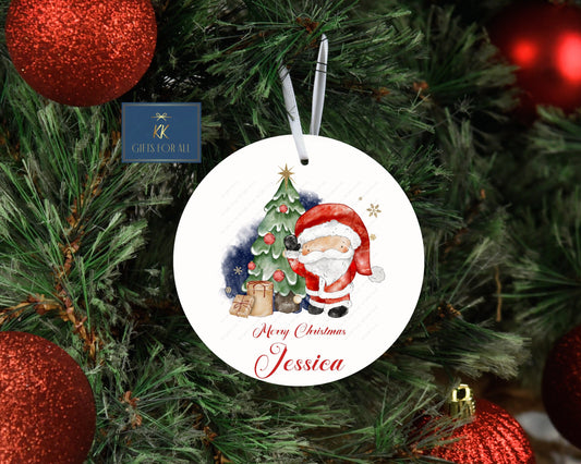 Personalised Metal Christmas Tree Decoration, Christmas Hanging Ornament, Santa With Christmas Tree Decoration