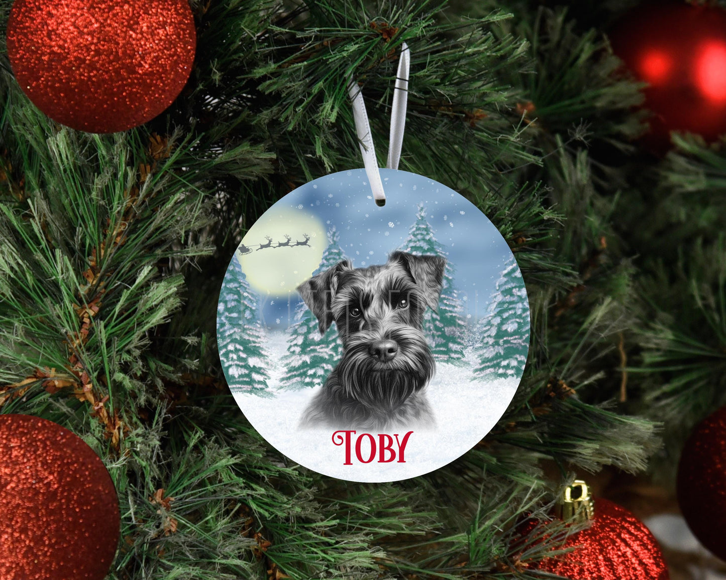 Personalised Christmas Black Schnauzer Tree Decoration, Schnauzer Metal Christmas Hanging Ornament