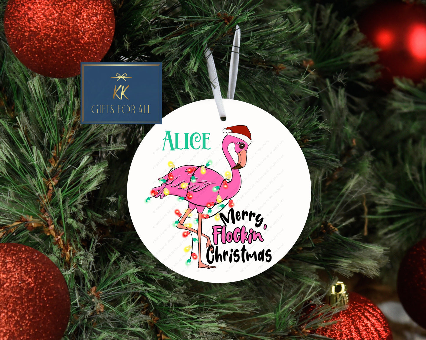 Personalised Christmas Tree Decoration, Metal Christmas Hanging Ornament, Merry Flocking Christmas, Xmas Flamingo