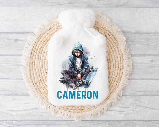 Skater Boy Hot Water Bottle, Personalised Teenage Boy Gifts, Fluffy Hot Water Bottle