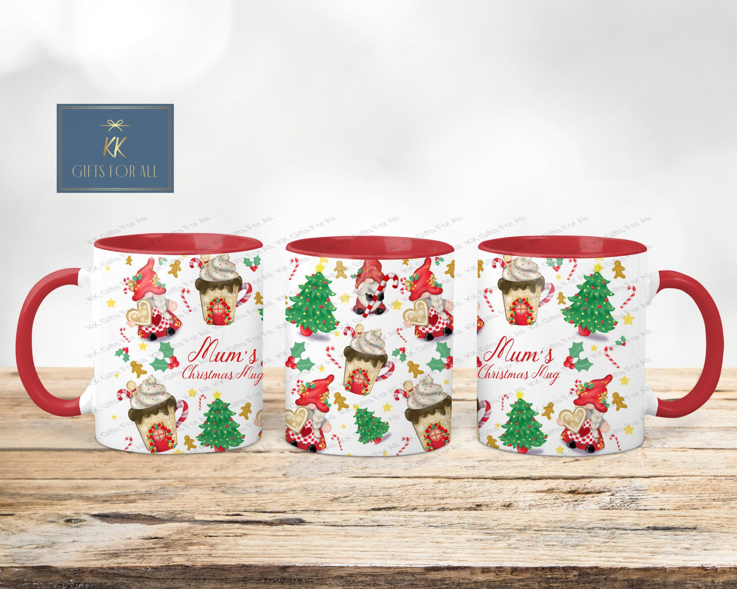 Christmas Gnome Mug, Red Handle Mug, Gonk Christmas Theme, Personalised Mug, Hot Cocoa Mug, Hot Chocolate Movie Mug, Candycane