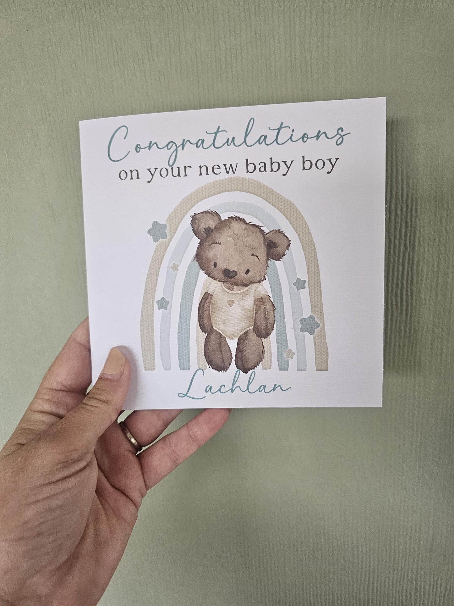 Personalised New Baby Boy Card, Watercolor Teddy Bear & Rainbow Congratulations Card