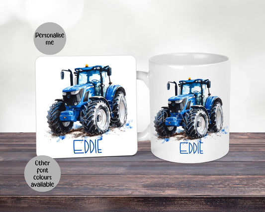 Personalised Blue Tractor Mug & Coaster Set, Farmer Christmas Or Birthday Gift