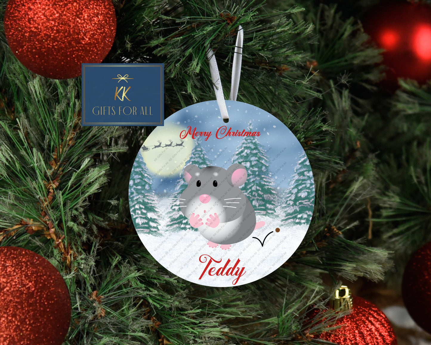 Personalised Christmas Tree Decoration, Pet Hamster Xmas Dec, Christmas Hanging Ornament, Metal Tree Decoration, Grey Brown Red Hamster Dec