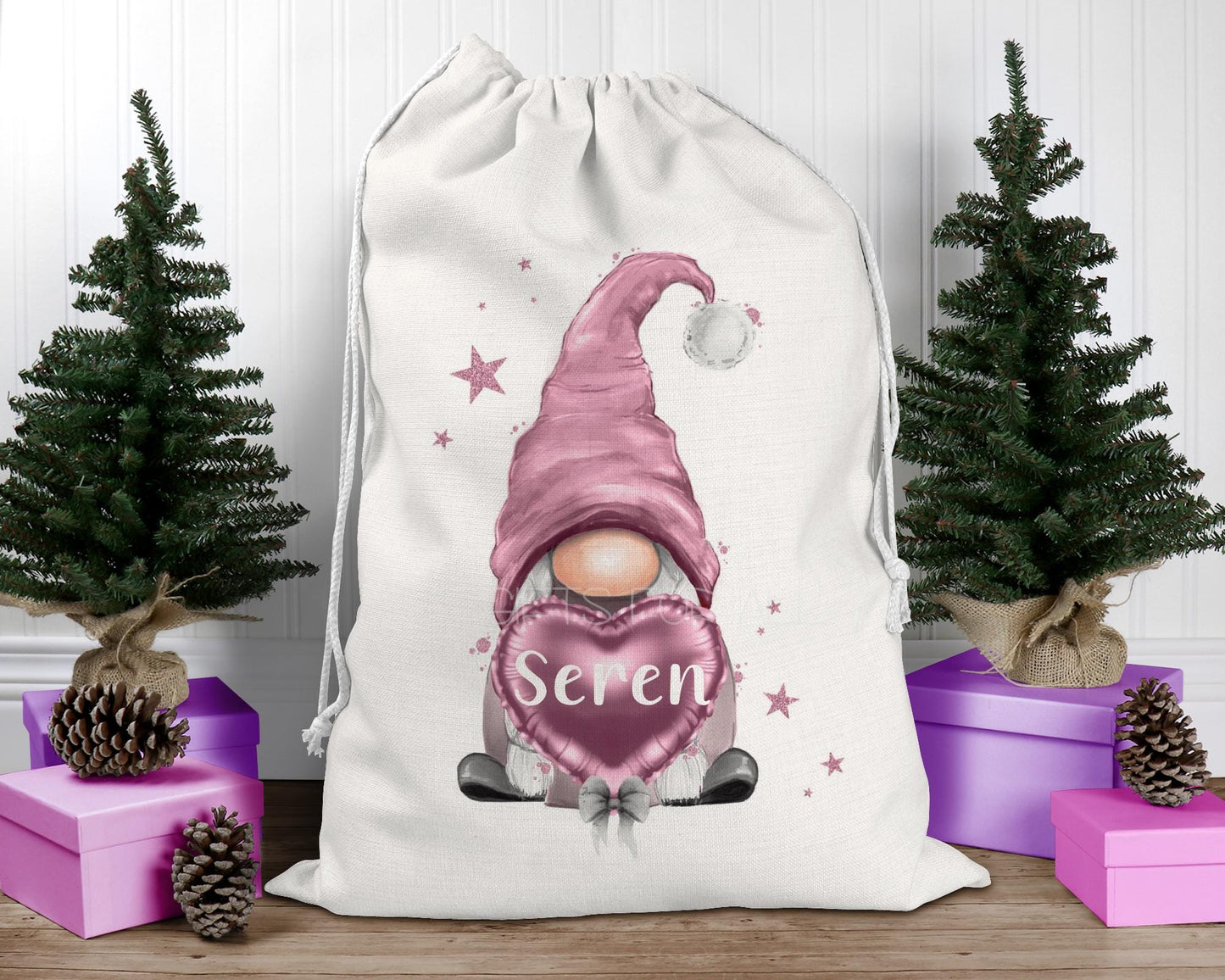 Personalised Pink Gonk Christmas Sack, Watercolor Gnome Santa Sack