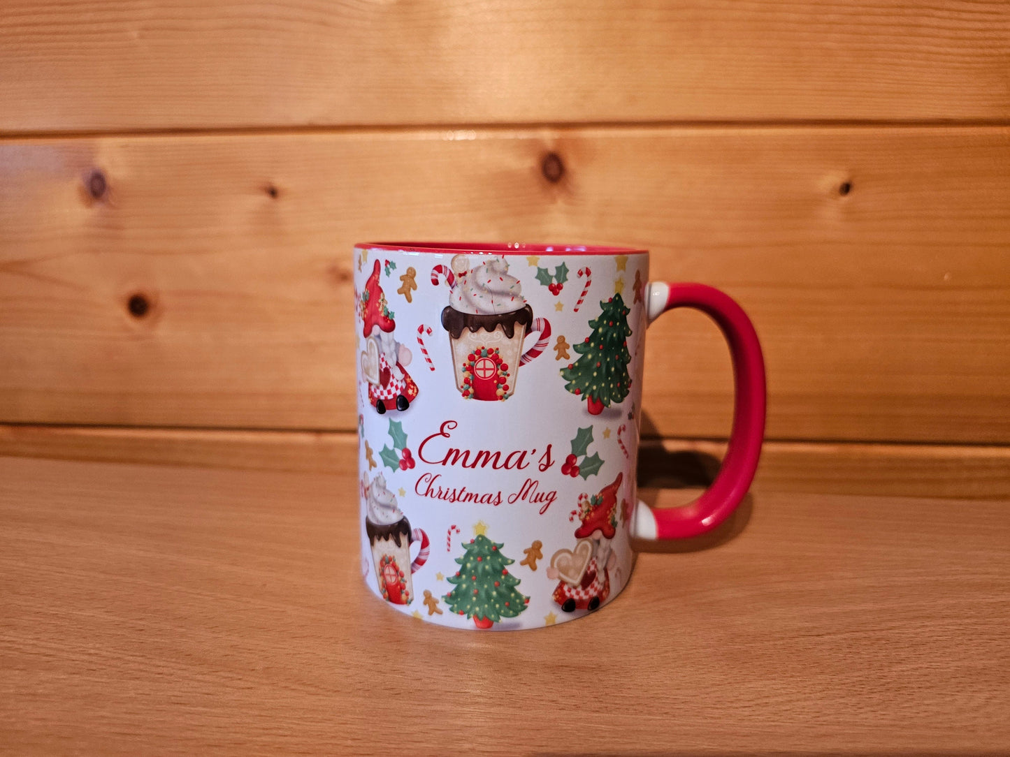 Christmas Gnome Mug, Red Handle Mug, Gonk Christmas Theme, Personalised Mug, Hot Cocoa Mug, Hot Chocolate Movie Mug, Candycane