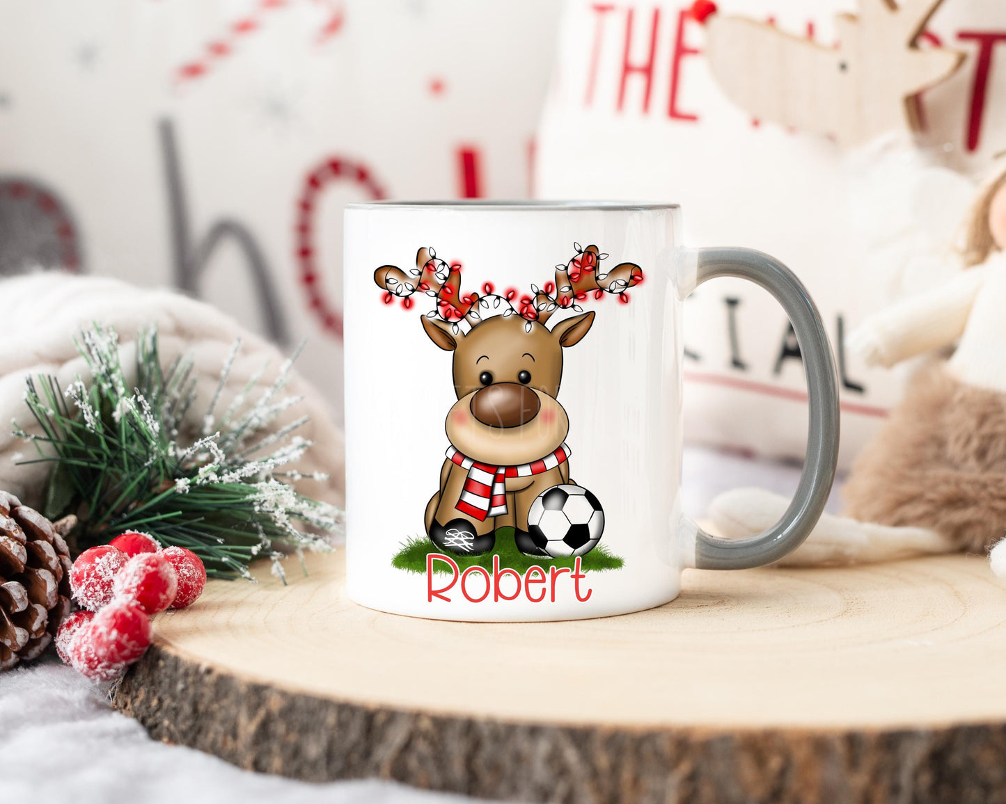 Personalised Christmas Football Mug, Christmas Reindeer Mug