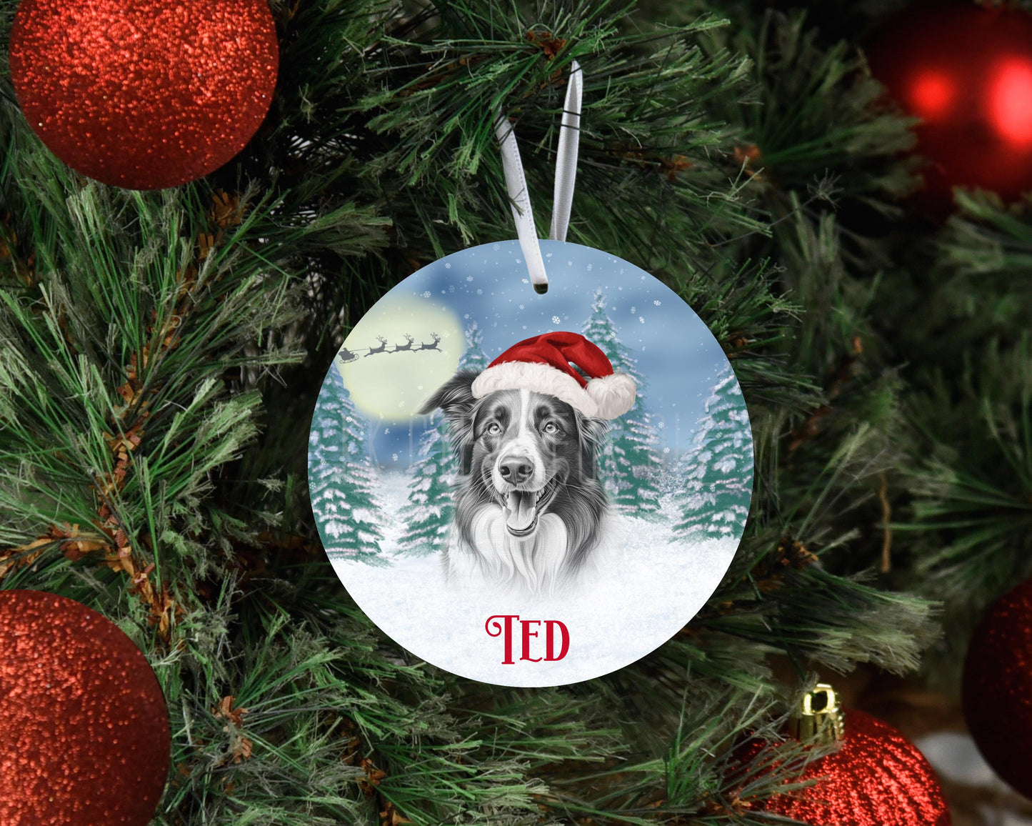 Personalised Christmas Collie Tree Decoration, Border Collie Metal Christmas Hanging Ornament