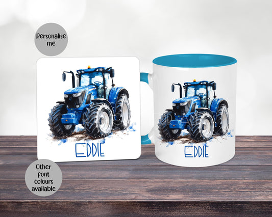 Personalised Blue Tractor Mug & Coaster Set, Farmer Gift