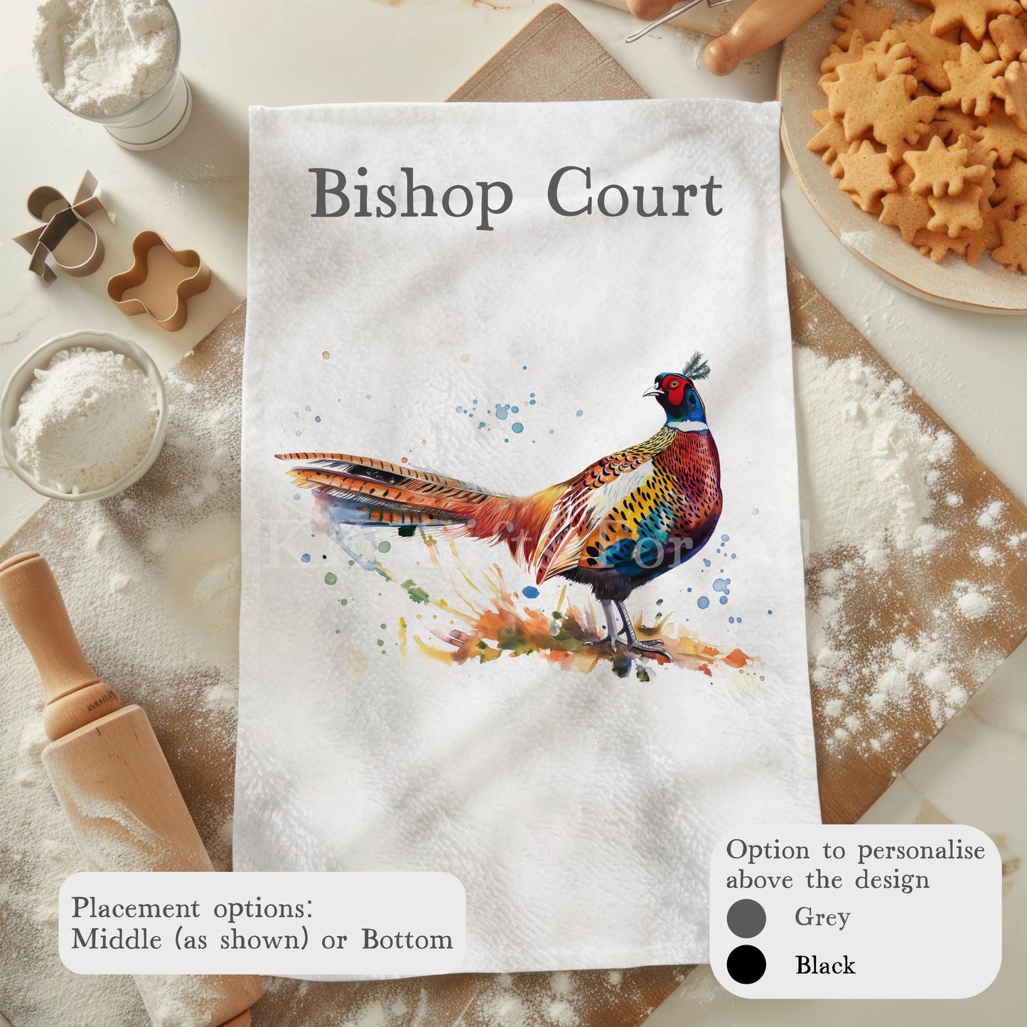 Pheasant Tea Towel, Personalised Kitchen Towel, Game Bird, Country Living Decor