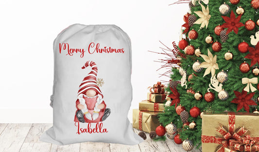 Personalised Christmas Gonkette Santa Sack, Large Red Gnome Present Bag