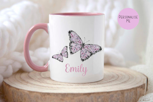 Pink Butterfly Mug & Coaster, Personalised BirthdayAnniversary Gift, Gift For Mum Nan Wife Girlfriend, Floral Butterfly