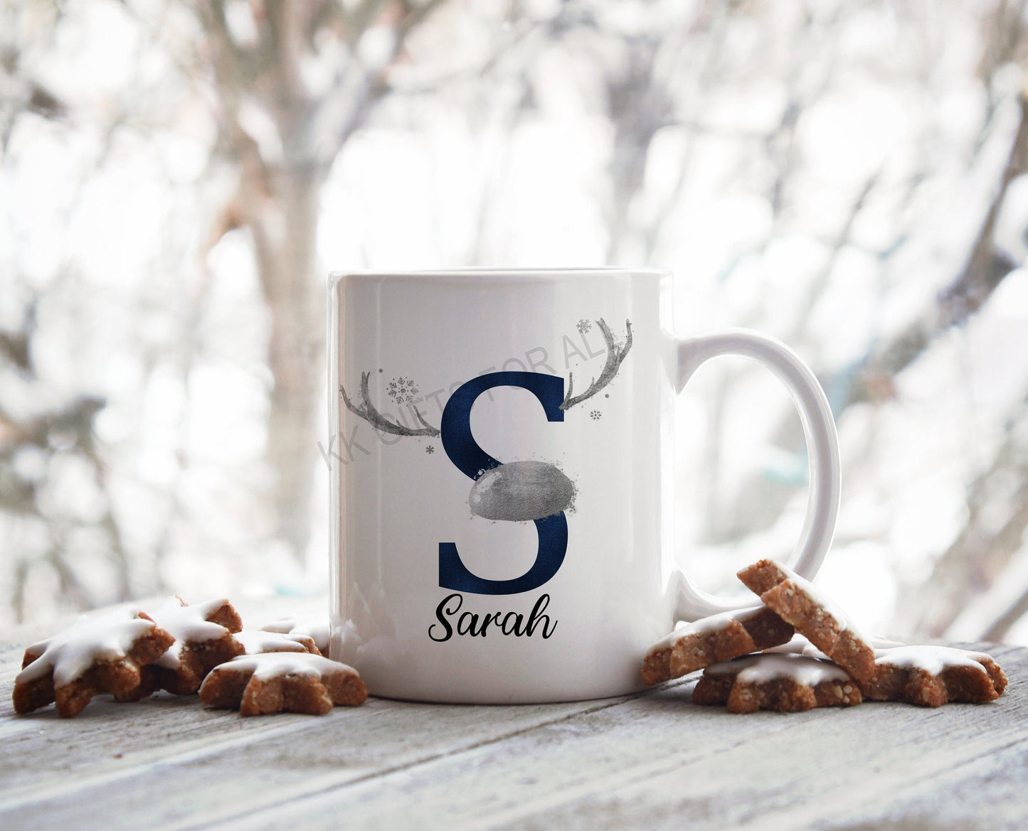 Christmas Mug, Personalised Name And Initial, Antler Initial Design Mug, Hot Chocolate Mug, Xmas Eve Box Mug, Christmas Movie Mug, Cute Xmas